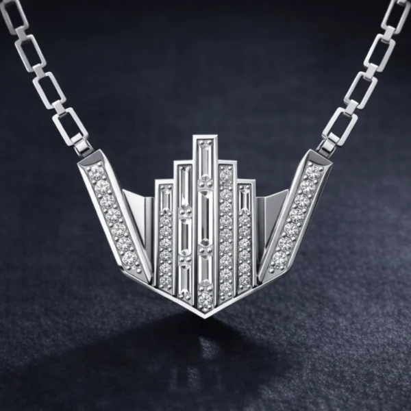 Macro studio shot of diamond-encrusted skyline pendant.