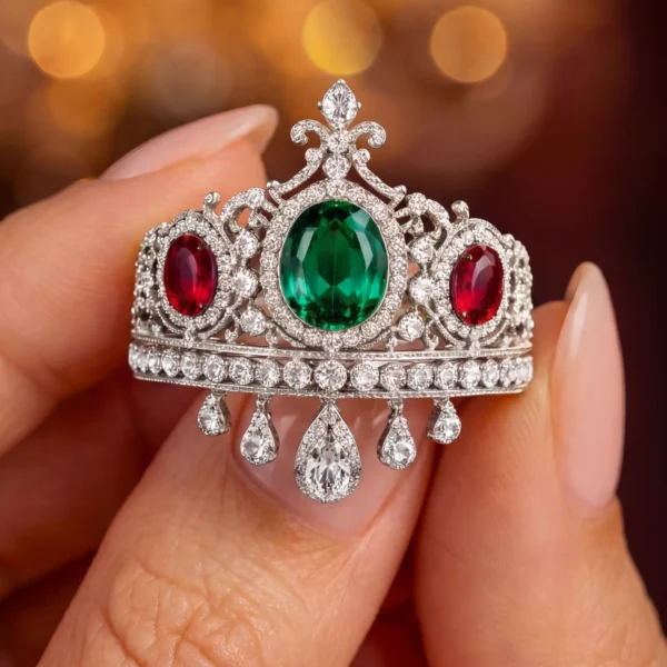 Close-up of crown ring held between fingers.