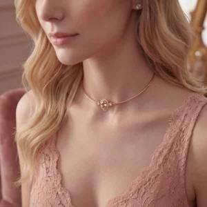 Close-up of a rose gold teardrop pendant on a thin wire choker.