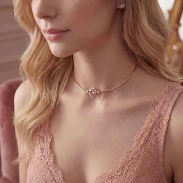 Close-up of a rose gold teardrop pendant on a thin wire choker.