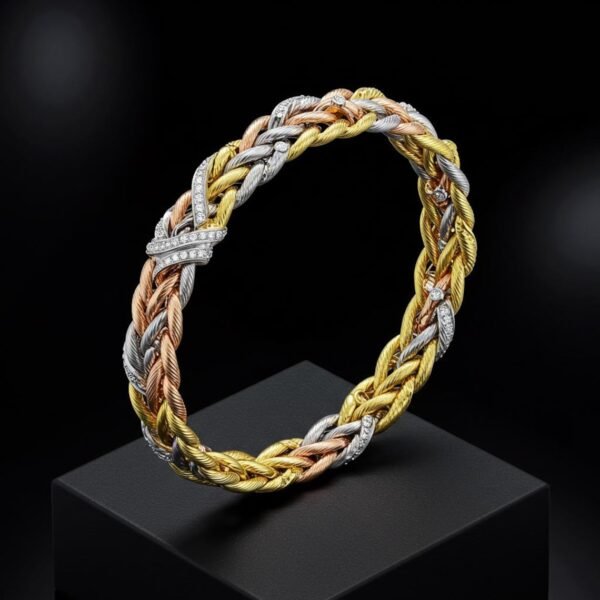 Heavy 18k tri-tone gold braided bracelet with diamond accents on a black pedestal.
