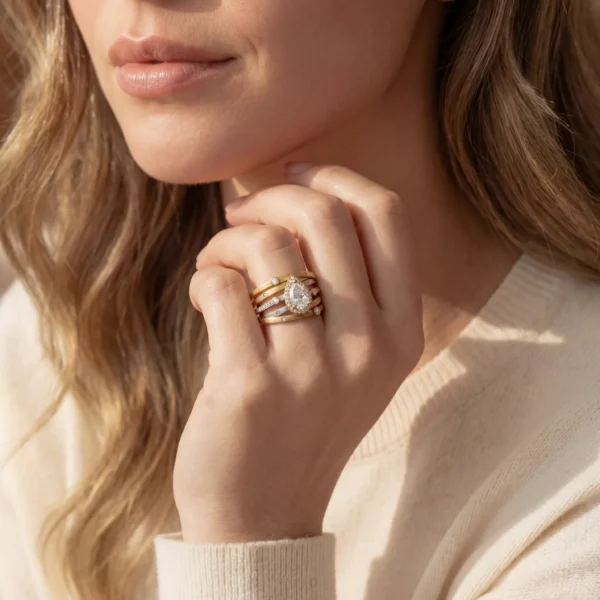 Woman wearing the Trinity Luxe ring set.