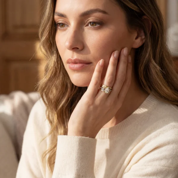 Pear-cut diamond ring with stacked gold and silver bands.