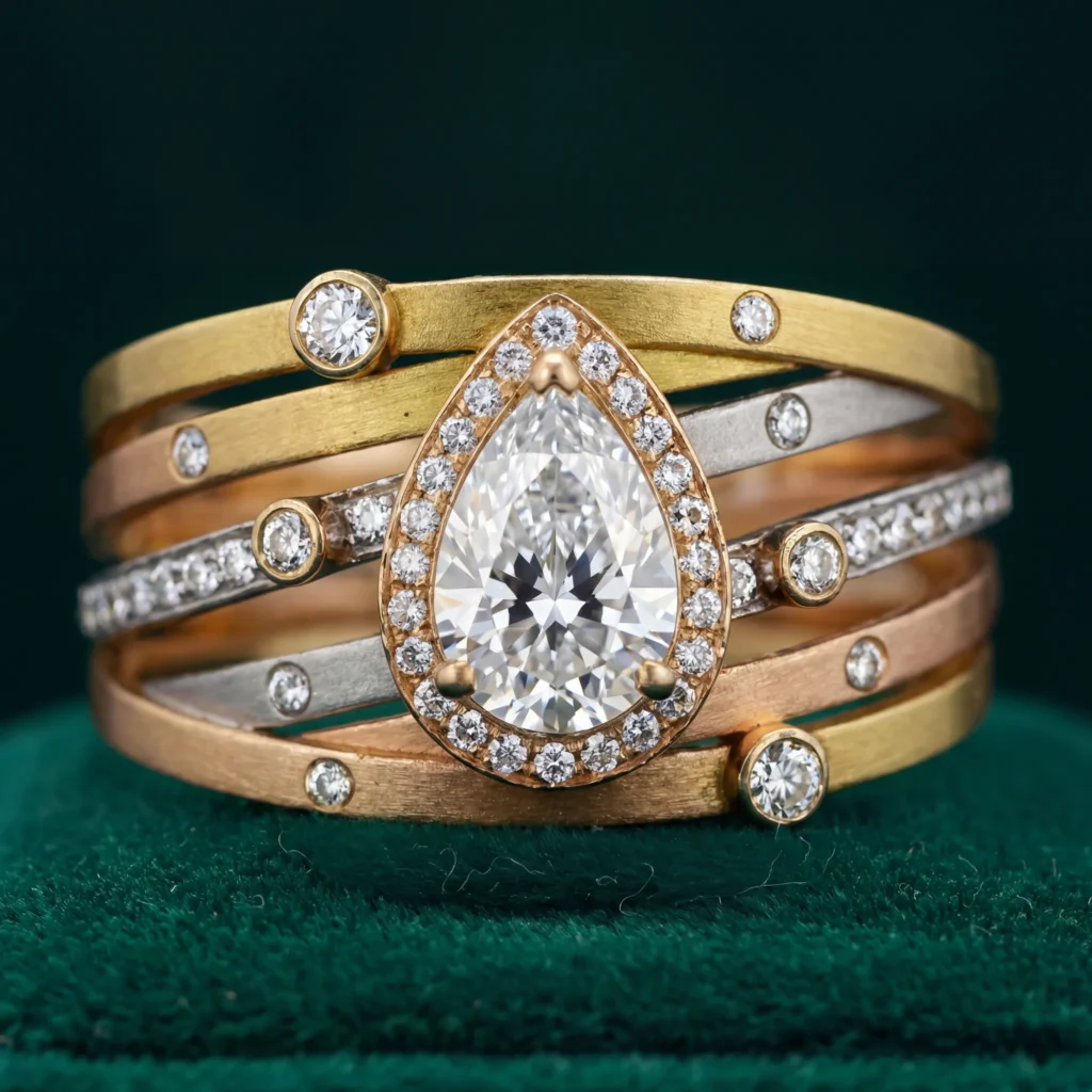 Close-up of pear-shaped diamond ring on green velvet.