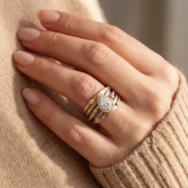 Close-up of layered Trinity Luxe rings on a finger.