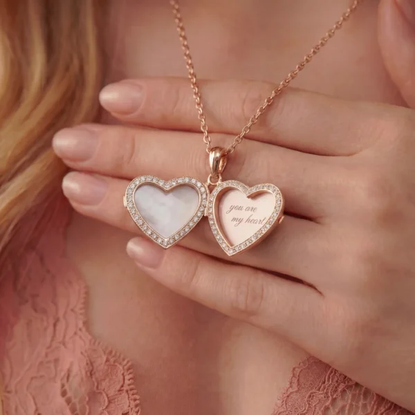 Close-up of a woman wearing an open rose gold heart locket with an engraving.