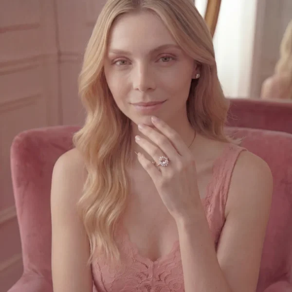 Portrait of a woman showcasing the luxury halo ring.