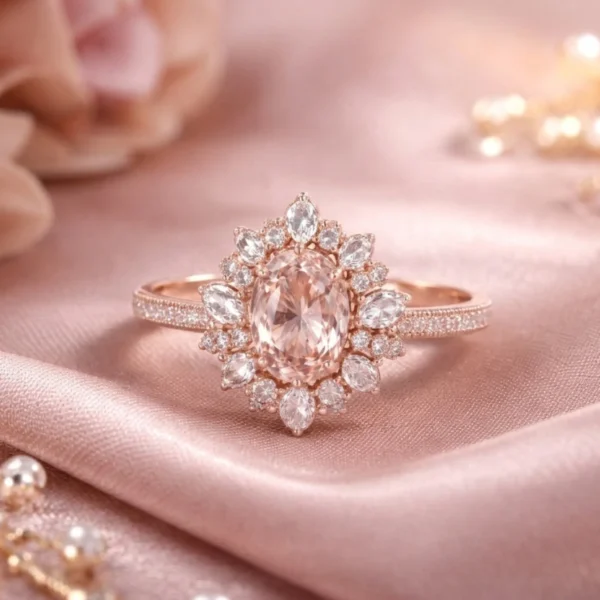 Oval peach morganite ring in rose gold floral halo.