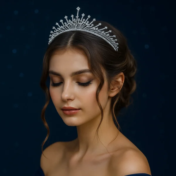 Bride wearing the Zenith Tiara with eyes closed.