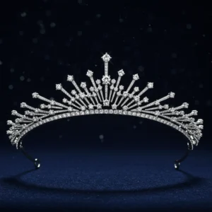 Silver Zenith Tiara with diamonds on dark blue background.
