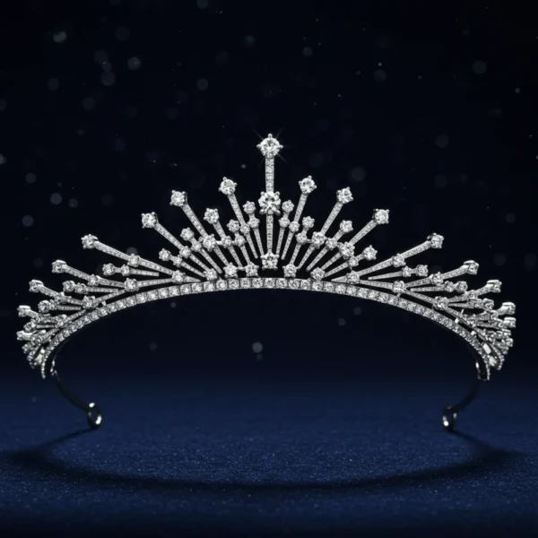 Silver Zenith Tiara with diamonds on dark blue background.