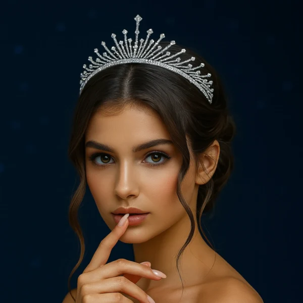 Close-up of a model wearing the Noor Zenith Tiara.